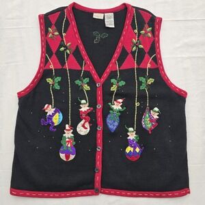 Y2K White Stag Plus 18W 20W Christmas Elf Sweater Vest Beaded Applique Granny